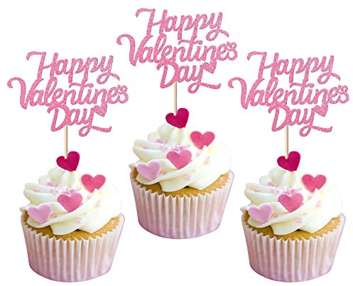 24 Stück Happy Valentine's Day Cupcake Topper Glitzer Sweet Heart Love You Cupcake Picks für Valentinstag Thema Geburtstag Party Kuchen Dekorationen Supplies Rosa