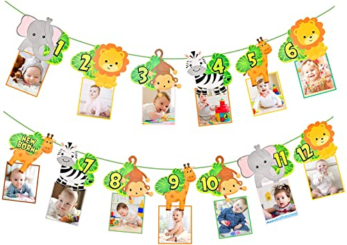 Deko 1. geburtstag Junge Mädchen, Fotogirlande 1. Geburtstag Dschungeltiere Geburtstag Dekoration, Fotobanner Foto Wanddekoration für Babygeburtstagsfeier Babyzimmerdekoration