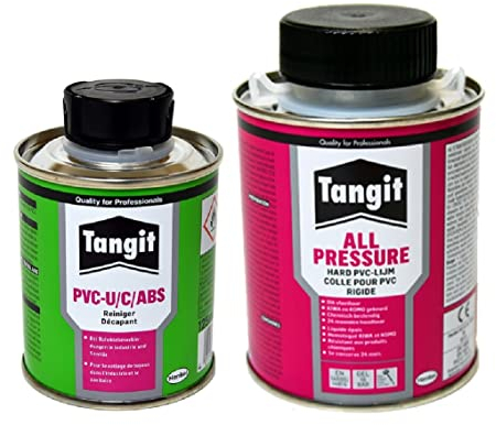Tangit PVC Set All Pressure Kleber 250 ml & Reiniger 125 ml Pinsel- Spezialkleber für Verbindung und Montage von Hart PVC-U Rohren/Poolbau-Teichbau-Dachrinnemontagen mit PVC Teil zur Probeklebung