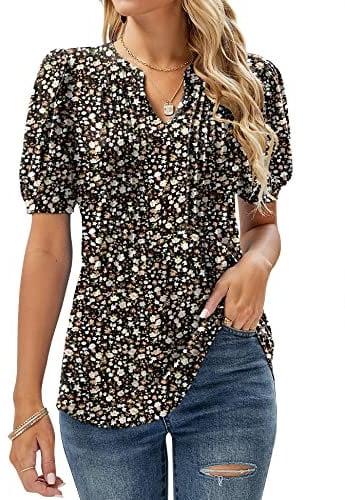 EFFAN Ladies Tops Summer Floral Printed V Neck T Shirts Flowy Tunic Blouses For Women Uk Plus Size Floral Black XXL (UK 20-22)