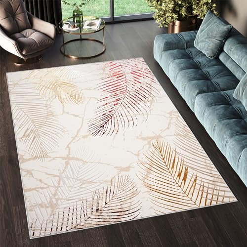 TAPISO Golden Tapis Salon Poils Courts Brillant Moderne Crème Or Rouge Beige Moucheté Feuille de Palmier Tapis Chambre Adulte Salle à Manger Oeko-TEX Résistant 200 x 300 cm