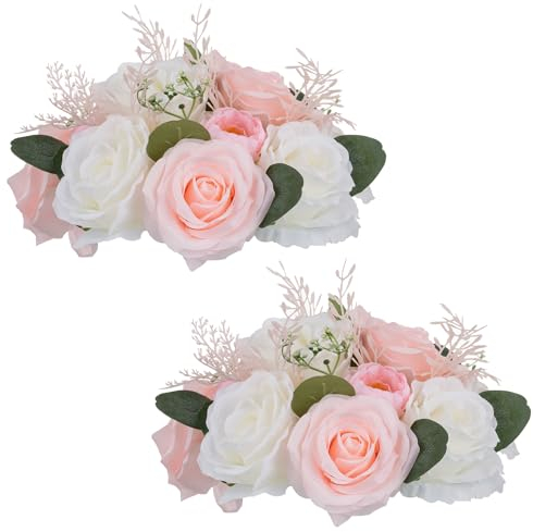NUPTIO Künstliche Blume Mittelstücke für Tische: 2 Stück 24cm Durchmesser Rosa & Weiß Gefälschte Rose Blumen Anordnung Seide Faux Bouquet Hochzeit Mittelstücke für Hause Party Jahrestag