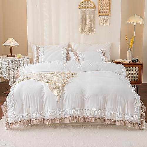 Herside Bettwäsche Weiß 240x220 cm Weiß Böho Bettwäsche Sets Weiß Taupe 2-Schicht Rüschen Design Weich Mikrofaser Rüschen Bettbezug mit 2 Kissenbezüge 80x80 cm (Weiß-Taupe, 240 x 220 cm)