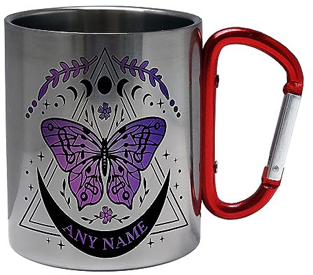 Personalised Lunar Butterfly - Purple Burst - Novelty Steel Mug (Carabiner Clip Handle)