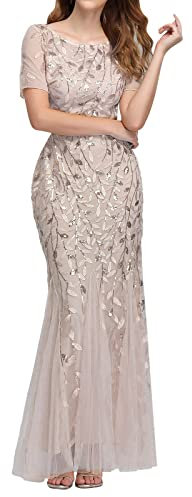 DeaAmyGline Robe Noir Robe De Soirée À Manches Courtes Et Col en V pour Femmes Robe Rose Poudré Longue (Gold, S)