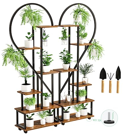 6-Tier Metal Plant Stand, 65.7in Heart Garden Flower Pot Holder, with 4 wheels, with Top Hook and Anti-Toppling Device, Display Rack, Multiple Shelf, for Home Decor, Balcony, Patio (Whole Heart)