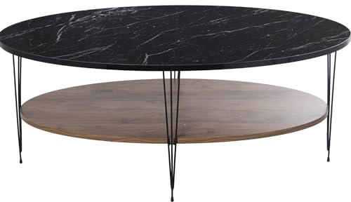 DRW Ovaler Couchtisch mit Ablage aus Holz und Metall in Schwarz, Marmor-Effekt, 109 x 59 x 45 cm, Regal 99 x 49 x 1,8 cm