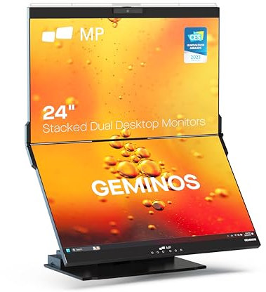 Mobile Pixels Geminos, deux écrans d'ordinateur empilés IPS de 24 pouces avec charge USB-C 65 W, avec angle de vision réglable, webcam 1080p et haut-parleurs 3 W, station d'accueil multiport (moniteur