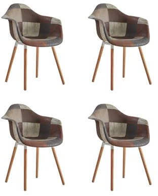 GrandCA HOME 4er-Set Esszimmerstühle, nordische Küchenstühle, gepolsterte Stühle mit Armlehne aus Patchwork-Stoff, Moderne Sessel mit Beinen aus Buchenholz, Braun+Grau