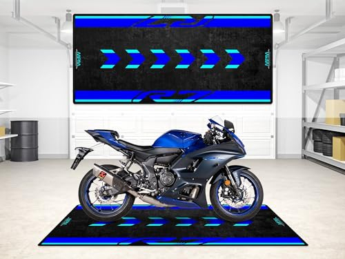 wibeart MPM Motorradmatte für R7 – waschbare, rutschfeste, öl- und wasserfeste Parkmatte für Garage, Ausstellungsraum und Werkstatt | Symbol Blau - Größe 1: 86.6 x 39.4/220 x 100 cm