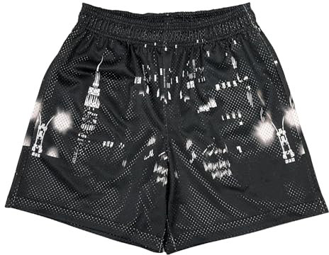 DIOTSR Herren-Shorts, Freizeit-Streetwear, Coole Basketball-Lauf-Workout-Shorts Mit Taschen, Kordelzug an Der Taille, Skyline-Schwarz, XL