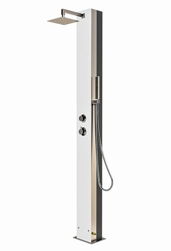 IDEAL Solardusche TOBAGO mit weißer Glasfront Edelstahl V2A poliert | Aluminium Wassertank 25 l | Kopf und Handduschfunktion | Unterseitiger Anschluss für Gardena- oder Flexschlauch 1,5 Zoll