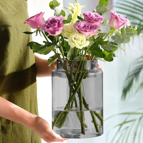 KOIUEYW 22,9 cm hohe Vasen für Blumen, große Glasvase für Tafelaufsätze, klare Gläser, Heimdekoration, Moderne Jarrones-Dekorationen für Hochzeit, Wohnzimmer, Esstisch (grau)