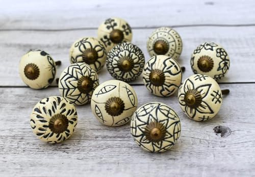 ARTISNO Set mit 12 schwarzen und weißen Keramikknöpfen für Küchenschränke, Möbel, Badezimmer, Kommoden, Schubladen, Kommoden, handbemalte dekorative bunte Keramikgriffe