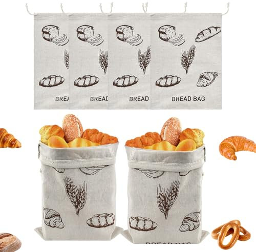 YBCCBY 4 Pack Plastic Lined Bread Bags, Bread Bag for Homemade Bread, Drawstring Bread Storage Bag, Reusable Bread Storage Bags Keep Bread Fresh for Fresh Homemade Sourdough Bread and Rolls 40 * 30cm