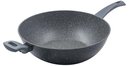 Zanetti Durapietra Wok para inducción, diámetro 32 cm, sartén wok antiadherente, revestimiento efecto piedra, mango Soft Touch, color gris