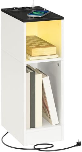 MAHANCRIS Table d’Appoint avec Station de Charge, Table de Chevet avec Lampe LED à Détection, Bout de Canapé avec Prise, pour Petits Espaces, Salon, Chambre, Noir et Blanc AETHW25UE01