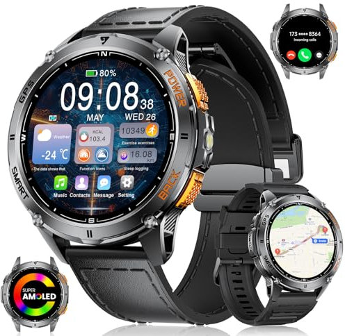 LIGE GPS Montre Connectée Homme 48mm, Montre Militaire Homme 1.43 HD AMOLED Display avec Lampe Poche LED, Baromètre/Altimètre/Boussole/Appel Bluetooth/Batterie 530mAh/110+ Modes Sportifs, iOS Android