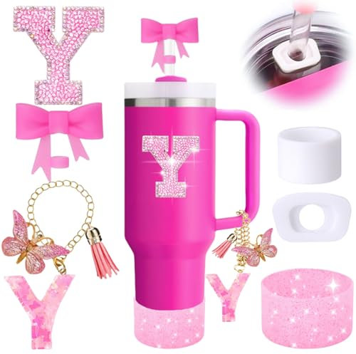 6PCS Pink Stanley Cup Accessories Set, Initials Decorations for Stanley Cup 30oz 40oz, Includes Bow Straw Topper, Handle Charm, Letter Sticker, Silicone Boot, Spill Proof Stopper (Letter Y)