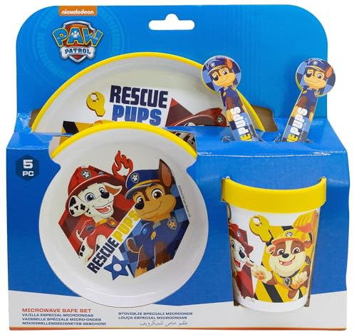 Set de vajilla infantil reutilizable antideslizante con base de silicona bicolor compuesto de plato, cuenco, vaso y cubiertos en caja de La Patrulla Canina
