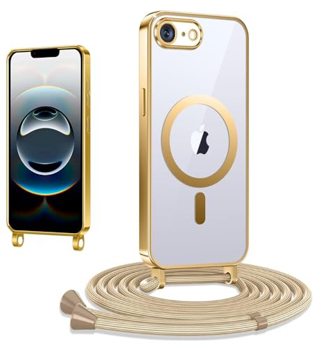 CaseLover Magnetische Handyband kompatibel iPhone 16E/iPhone 17E Hülle mit Band, Klare Silikon Necklace Handyhülle mit Kordel zum Umhängen Stossfest mit Kameraschutz Bumper Schutzhülle, Gold