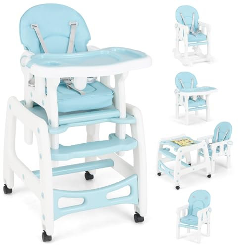 COSTWAY 3 in 1 Babystuhl, Hochstuhl & Essstuhl & Kindersitzgruppe, wandelbarer Babyhochstuhl mit 5-Punkt-Gurt, abnehmbarem Tablett, Sitzkissen, Rückenlehne, für 6-36 Monate, 20 kg belastbar (Blau)