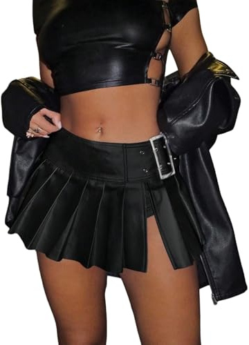 SOLY HUX Damen Minirock Y2K PU Leder Skater Röcke mit Schnalle Faltenrock A-Linie Plissierter Hosenrock Rave Partyrock Clubröcke Tanzrock Schwarz L