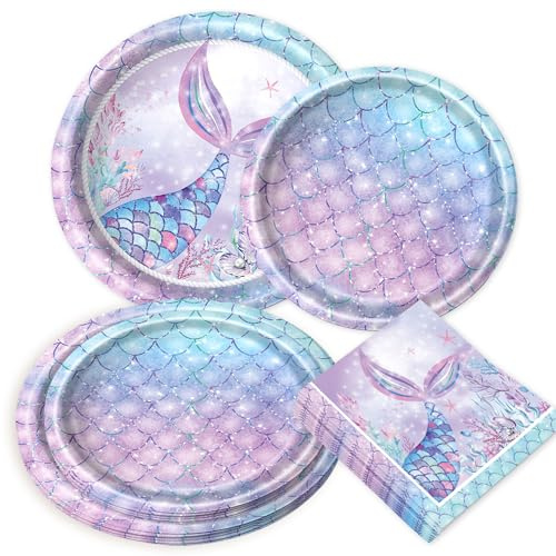 60PCS Mermaid Party Tableware Set Supplies with Plates Tablecloth Napkins Favor Bags Filler Bags for Birthday Decoration and Baby Shower