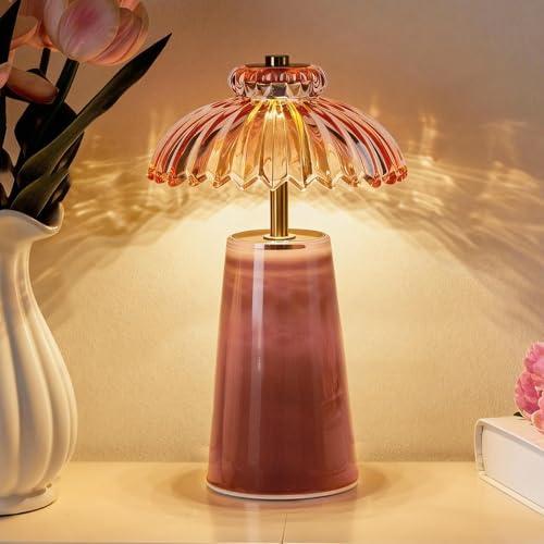 MJ PREMIER Cordless Lamp, Battery Operated Lamp with Timer, Crystal Glass Flower Lampshade, Small Table Lamps, Decorative Led Light for Bedroom Living Room Shelf (L-Pink)