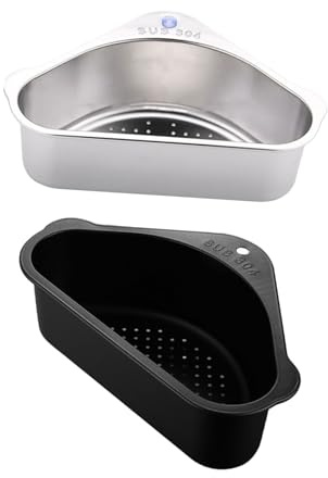 WATIIFUFU Stainless Steel Corner Sink Strainer Basket Multipurpose Triangle Kitchen Sink Drainer Rack for Washing Fruits Vegetables Food Waste Filter and Sponge Storage and Compact Design