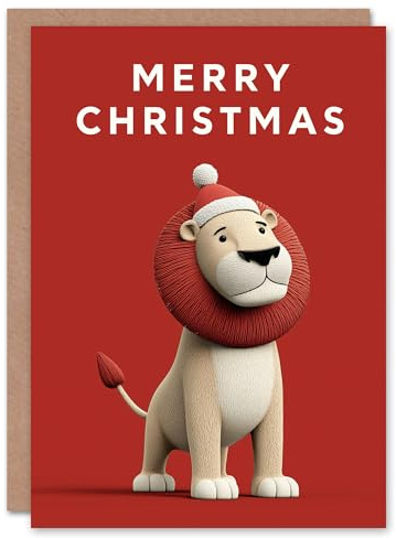 Artery8 Christmas Card Cute Lion Wearing Santa Hat Big Cat Lover