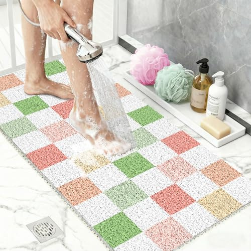 Tapis de Douche en PVC Loofah Antidérapant 40x60 cm avec Drain Tapis Antidérapant Douche Caillebotis Douche Séchage Instantané Surface à Carreaux Multicolores