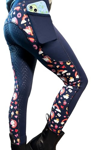 Aiya Kids Unicorn Horse Riding Tights – Full Seat Silicone Grip Leggings with 5 cm Covered Waistband, Phone Pocket & Vibrant Unicorn Print – 4‑Way Stretch & Breathable (Navy, 24 Inch Waist)