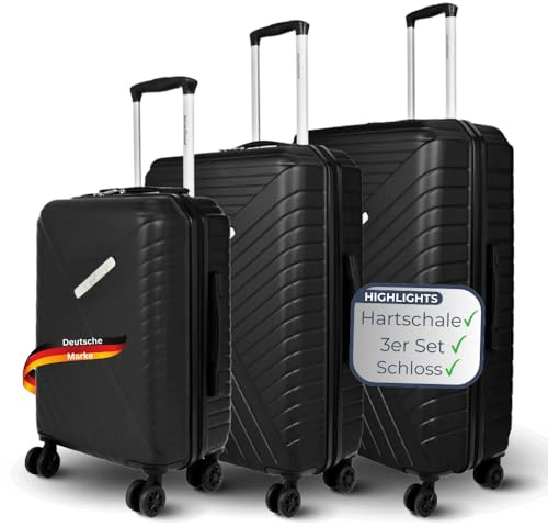 DELUKE 3tlg. Hartschalenkofferset mit Schloss Kendo - ABS Material | Hartschalenkoffer mit Rollen Trolley Koffer Reisekoffer Reisekofferset Gepäck Teleskopgriff, Schwarz