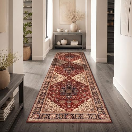 Paco Home Vintage Wohnzimmerteppich Kurzflor klassisches orientalisches Design waschbar & rutschfest pflegeleicht Schlafzimmer Esszimmer, Farbe:Rot-Beige, Größe:80x150 cm