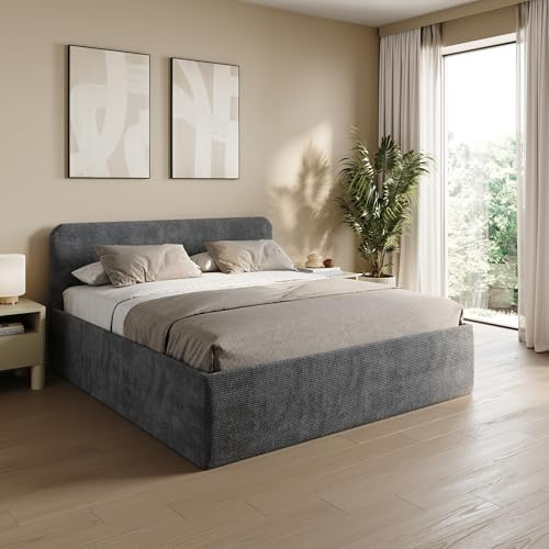 Home Collective Polsterbett 160x200 cm Doppelbett Bett mit verstellbarem Lattenrost & Stauraum, Matratze Federkern H2 viele Größen verfügbar | Kordstoff Anthrazit