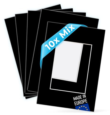 PHOTOLINI Passepartout Karton Schwarz Mix 1, 10er Passpartu Set Verschiedene Größen, 1,5 mm Schrägschnitt-Passepartouts, säurefrei alterungsbeständig Passepartout Rahmen - für Bilder & Fotos