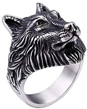 PAMTIER Herren Edelstahl Retro Rocker Wolf Kopf Ring Silber Größe 60