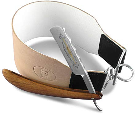 Einsteiger Rasiermesser-Set mit einem extra breitem Leder Leinen Profi Streichriemen und einem Rasiermesser mit Goldätzung und Holzgriff