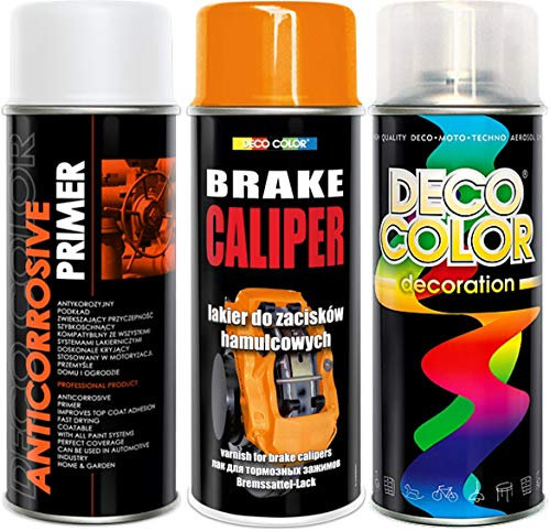 Deco Color Brake Caliper Deluxe 3 Items KIT Drum Primer Paint Protective Clear Coat Spray Gloss Moto Sport CAR Tuning Vehicle (Orange Deluxe kit)