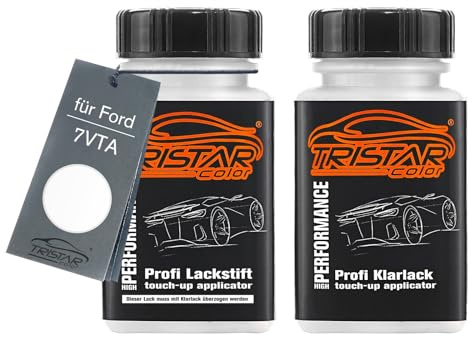 TRISTARcolor Stylo retouche pour Ford 7VTA Blanc Glacier/Blanco + vernis | Peinture voiture, Kit peinture de base + vernis, flacons de peinture avec pinceau, 50ml chacun