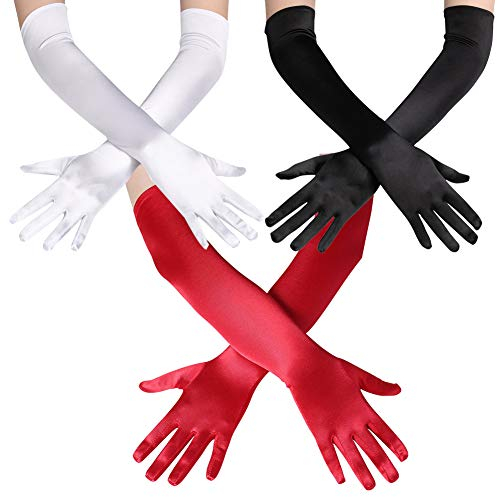 3 Pairs Long Elbow Satin Evening Gloves - Ladies Opera & Wedding Gloves in Black, Red & White - Flapper & Prom Styles for Women