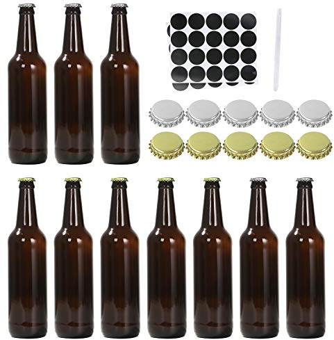 COMUDOT Bierflaschen, 500 ml, personalisierte Bernsteinglas-Weinflaschen, 10 Stück, kreative braune Bierbrauflaschen mit silbernen und goldenen Deckeln, perfekt für selbstgebraute Getränke, Party