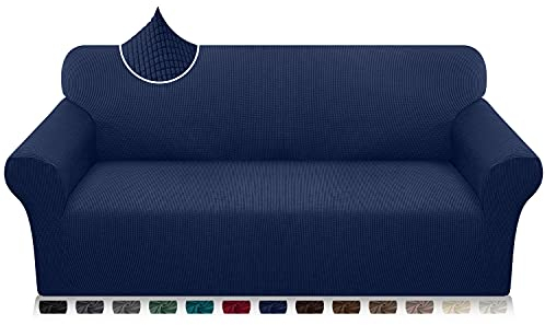 Earnmore Super Stretch Sofabezug 1 Stück Universal Couchbezug für Hunde Katze Elastische Jacquard Sofahusse mit Armlehnen(3 Sitzer,Dunkelblau)