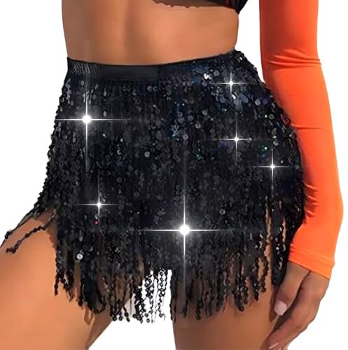Ushiny Festival Outfit Sequin Tassel Skirt Costume Rave Mini Skirts Ballet Dance Fringe Hip Scarf Glitter Sequin Skirt for Women and Girls Black