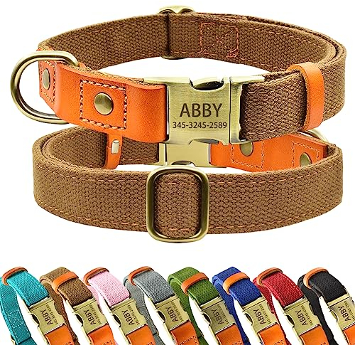 Personalisierte Hundehalsbänder mit Eingravierter Schnalle für Kleine Mittlere Große Hunde, Benutzerdefinierte Nylon & Echtes Leder Nähen Hundehalsband mit Namen