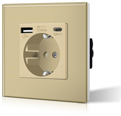 BSEED Prise murale standard Schuko avec connecteur de charge USB amélioré 2,1 A et prise de type C avec panneau en verre, installation facile, 86 mm, doré