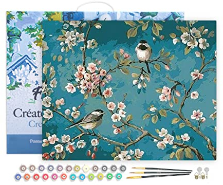 Figured'Art Pintar por Numeros Adultos con marco Pájaros en las ramas - Manualidades pintura acrilica Kit Cuadro DIY completo - 40x50cm con bastidor montado
