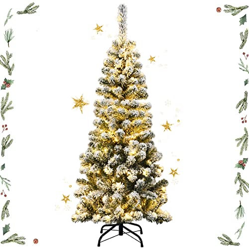 GYMAX Albero di Natale Slim 140 cm, Illuminato con 150 Luci Incorporate a LED, 242 Rami Innevati in PVC, Supporto Pieghevole in Ferro, Divisibile da Montaggio e Trasporto, per Interno/Esterno