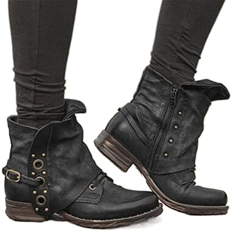 Stivali da lavoro vintage Boho for donna Stivali in pelle con borchie stringate con fibbia in metallo Avvolto Punta tonda larga Tacco grosso Tacchi bassi Stivaletti alla caviglia Rivetto boemo Inverno